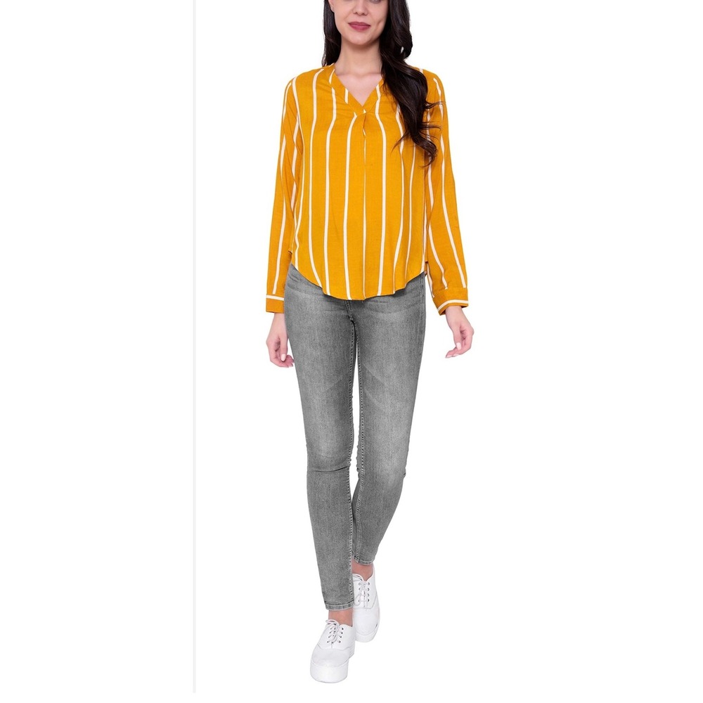 Forever 21 Mustard Yellow Striped V-Neck Blouse – Size S